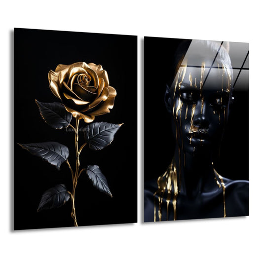 Black & gold Rose & Dripping Gold / Bundel-[Aluminium]-[Canvas]-[Poster]-[plexiglas]-luxeprintz