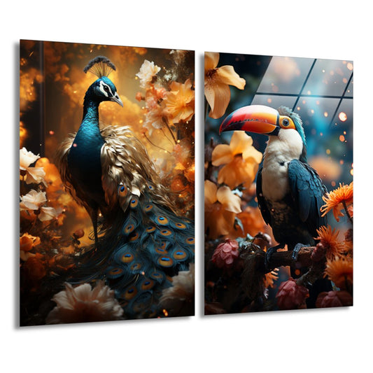 Blue and Gold Peacock & Floral Toucan / Bundel-[Aluminium]-[Canvas]-[Poster]-[plexiglas]-luxeprintz