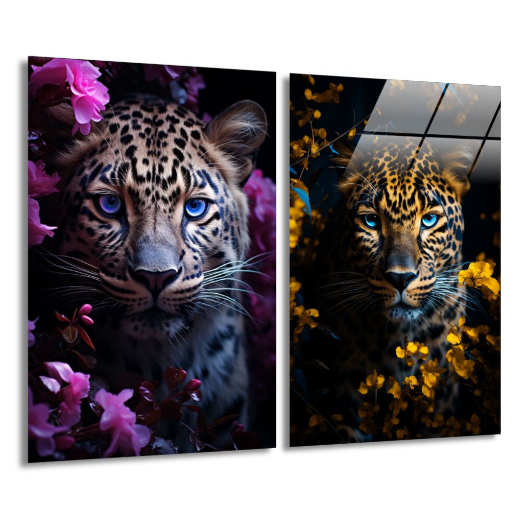 Purple blossom Jaguar & Yellow flower Jaguar/ Bundel-[Aluminium]-[Canvas]-[Poster]-[plexiglas]-luxeprintz