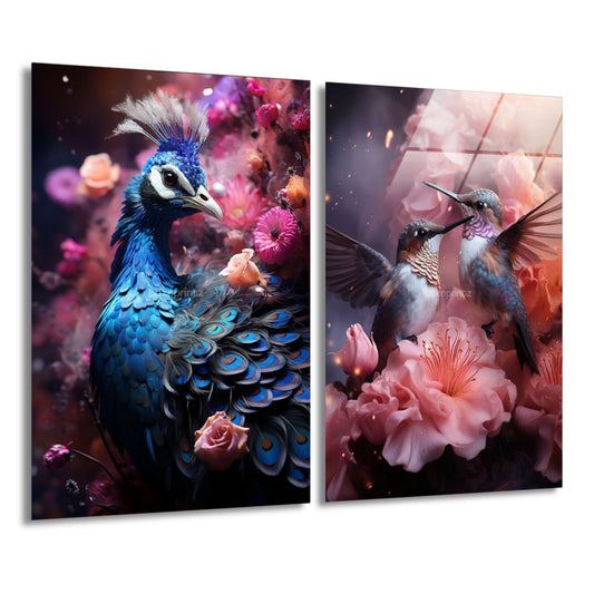 Vibrant Peacock & Floral Hummingbirds / Bundel-[Aluminium]-[Canvas]-[Poster]-[plexiglas]-luxeprintz