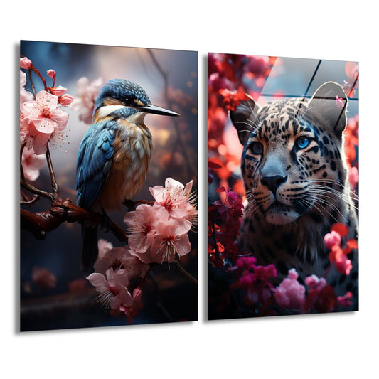 Blossom Kingfisher & Red blossom Jaguar / Bundel-[Aluminium]-[Canvas]-[Poster]-[plexiglas]-luxeprintz