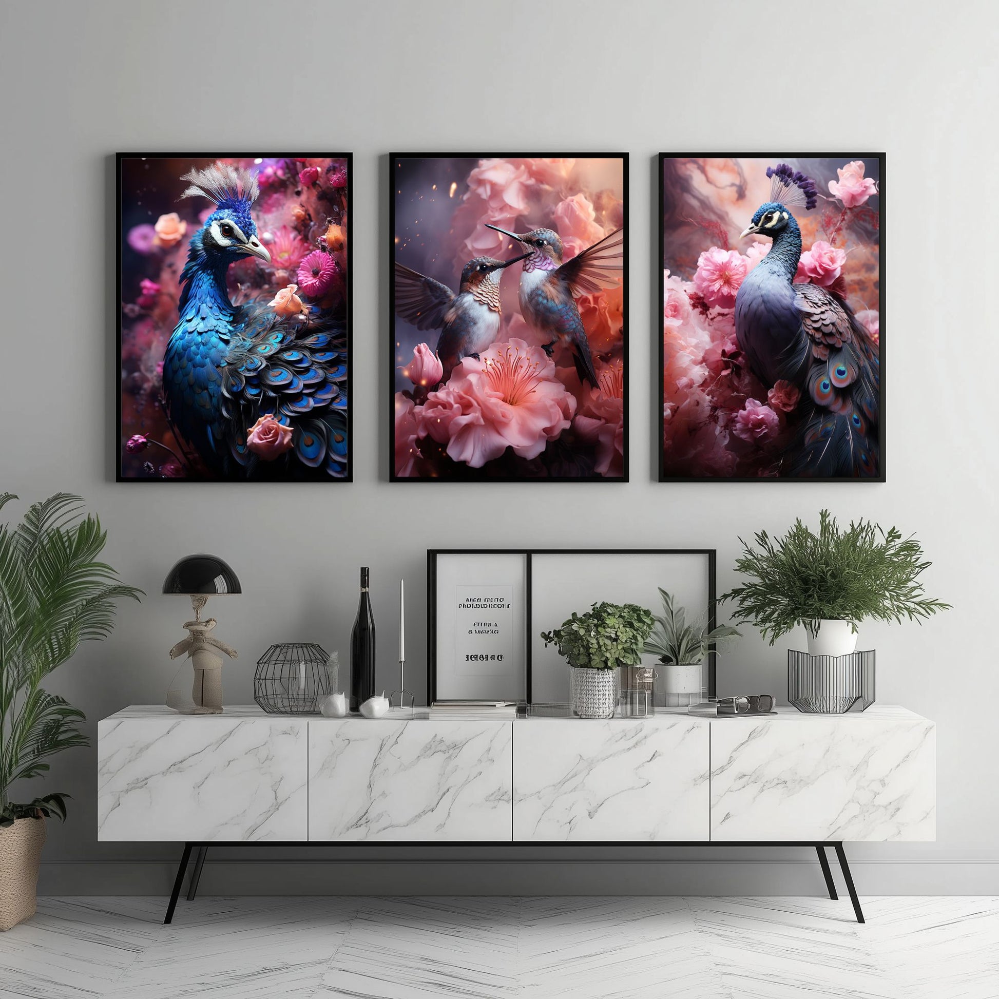 Lila Garden Series - Peacock & Hummingbird Drieluik-[Aluminium]-[Canvas]-[Poster]-[plexiglas]-luxeprintz